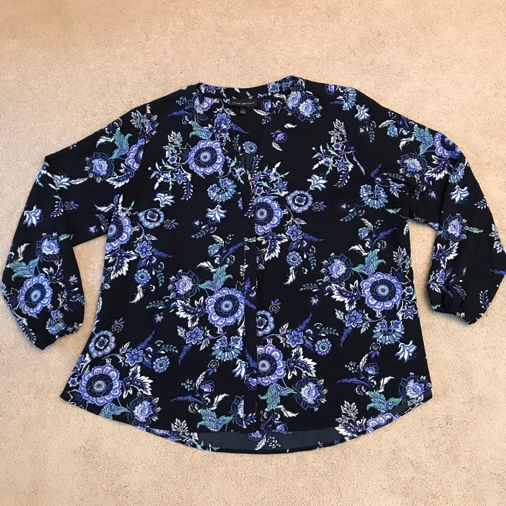 Lane Bryant Floral Blouse Size 16 1X Blue Black Hidden Button Down Office School
